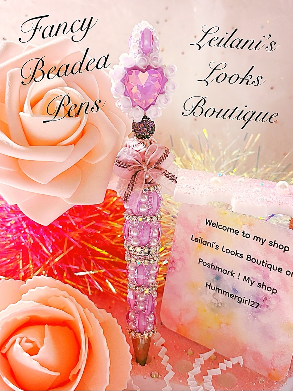 Purple beaded pen with heart-shaped top and rhinestones